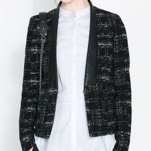 Tweed blazer with faux leather trim